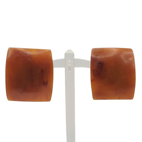 Brown Bakelite Earrings Vintage Clip Ons 1940s Art Deco Butterscotch Curved - Picture 1 of 7